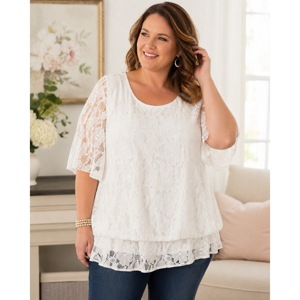 Cato Woman 14/16 W White Floral Lace Overlay Blouse Plus Size Layered Place Too